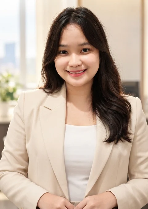 Alexandra Claire Pineda, founder and CEO of HIREWORKMATE, smiling in a cream blazer at her desk