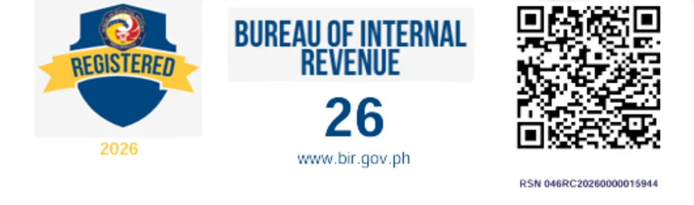 Bureau of Internal Revenue registration seal, registered 2026, with QR code
