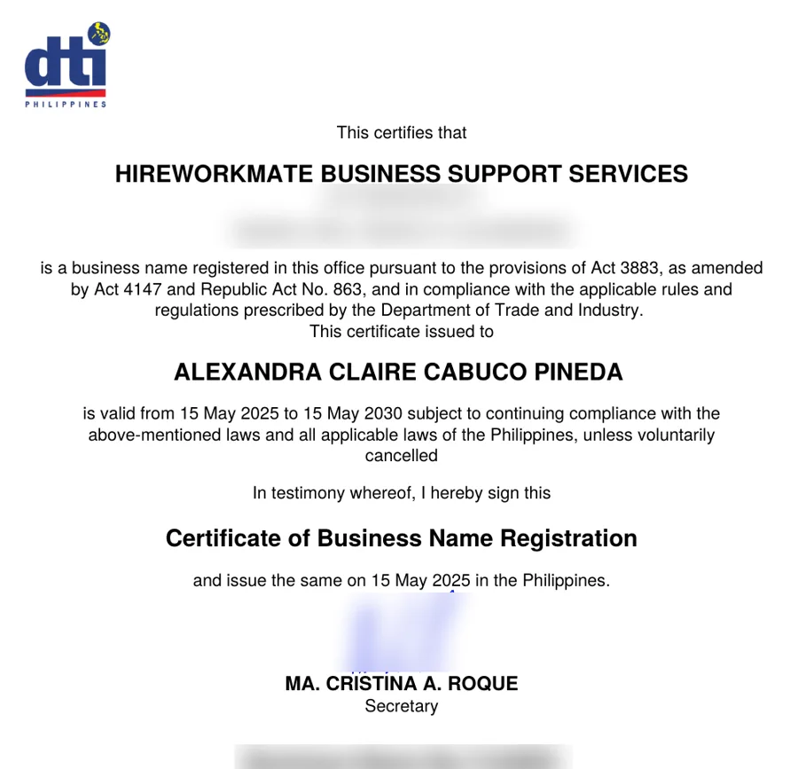 DTI Certificate of Business Name Registration for HIREWORKMATE Business Support Services, with sensitive details blurred